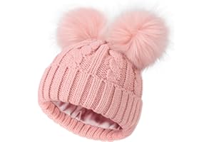 Creekstone Kids Bobble Hat Satin Lined Winter Beanie for Baby Boy Girl Warm Todders Beanie with Double Pom Pom Ears 1-7 Years