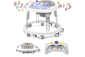 PIONCREY Baby Walker, Foldable Multi-Function Anti-Rollover Walker with Music Tray & Light, 7 Level Height Adjustable, Baby Walkers for 1 Year Olds Suitable for All Terrains (Grey-Music Tray)