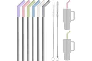 Tomorotec Słomki wielokrotnego użytku, słomka ze stali nierdzewnej 30 cm z silikonową końcówką przedłużającą do akcesoriów do kubków Stanley, 6-pak z 2 szczotkami, słomki o średnicy 1 cm, kolorowy