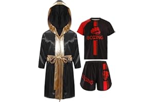 MSemis Kids Boys Boxing Uniform 3 Piece Satin Hooded Boxing Robe with Belt and Sports T-shirts Shorts Set