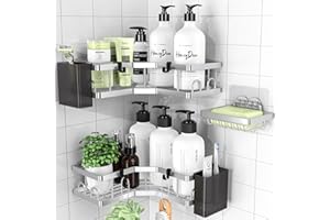 PKBD Mensola Doccia Senza Foratura 3 Pezzi, Accessori Bagno senza Forare, Gancio e Dentifricio Sedile, Bagno o Cucina, Anti ruggine Acciaio Inox Aspirazione Accessori Bagno, Argentato