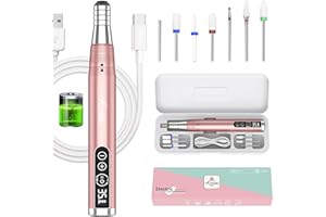 Kredioo Torno para Uñas Profesional, Inalámbrico 35000 RPM Velocidad Ajustable, Recargable Lima Electrica Uñas, Lápiz Manicura y Pedicura, Pulidor Portatil, Kit con 6 Brocas, para Salón DIY (Rosa)
