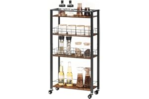 ‎HOOBRO HOOBRO Rollwagen mit 4 Ebenen, Nischenregal, Rollwagen schmal, Küchenwagen schmal, Küchenwagen mit Körben, für Küche, Bad, Esszimmer, Waschküche, Rustikales Braun und Schwarz EBF17TC01