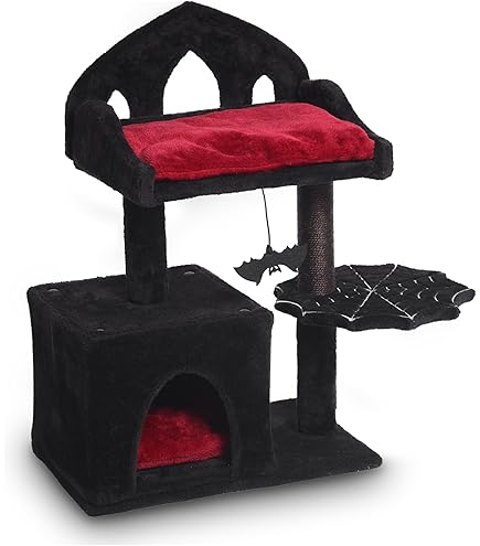 YARUOMY Gotische krabpaal met doodskistbed, kattentoren van 140 cm met ruime nis, hangende spinnenbal, activiteitenmeubel voor grote katten, zwart