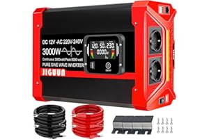 JIGUUN 3000W Inversor 12V 220V Onda Pura Convertidor Inverter con 2 Tomas EU y 3 Puertos USB+Tycp-C, Mando a Distancia Desmontable y Pantalla LCD Potencia máxima 9000W