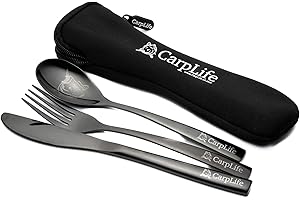 CARPLIFE PRODUCTS LTD CarpLife Cutlery Set - Fishing Cutlery Set - Carp Fishing - Black Stainless Steel Cutlery Set - Etched Carp Fishing Cutlery Set