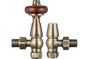 VANCOCO Traditional Angled Radiator Valves 1/2"×15mm, Brass Thermostatic Valve with Solid Wood Handwheel, Cast Iron Antique TRV Pair (Antique Brass)