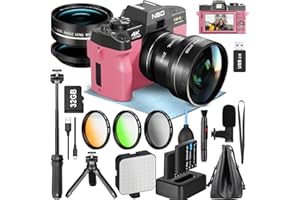 NBD Cámara Digital 4K, Cámara de Vlogging de 48 MP para Youtube con Micrófono, Filtro Tricromático, WiFi y Mango de Trípode, Cámara con Lente Gran Angular y Macro, cámara de Viaje (Rosa)
