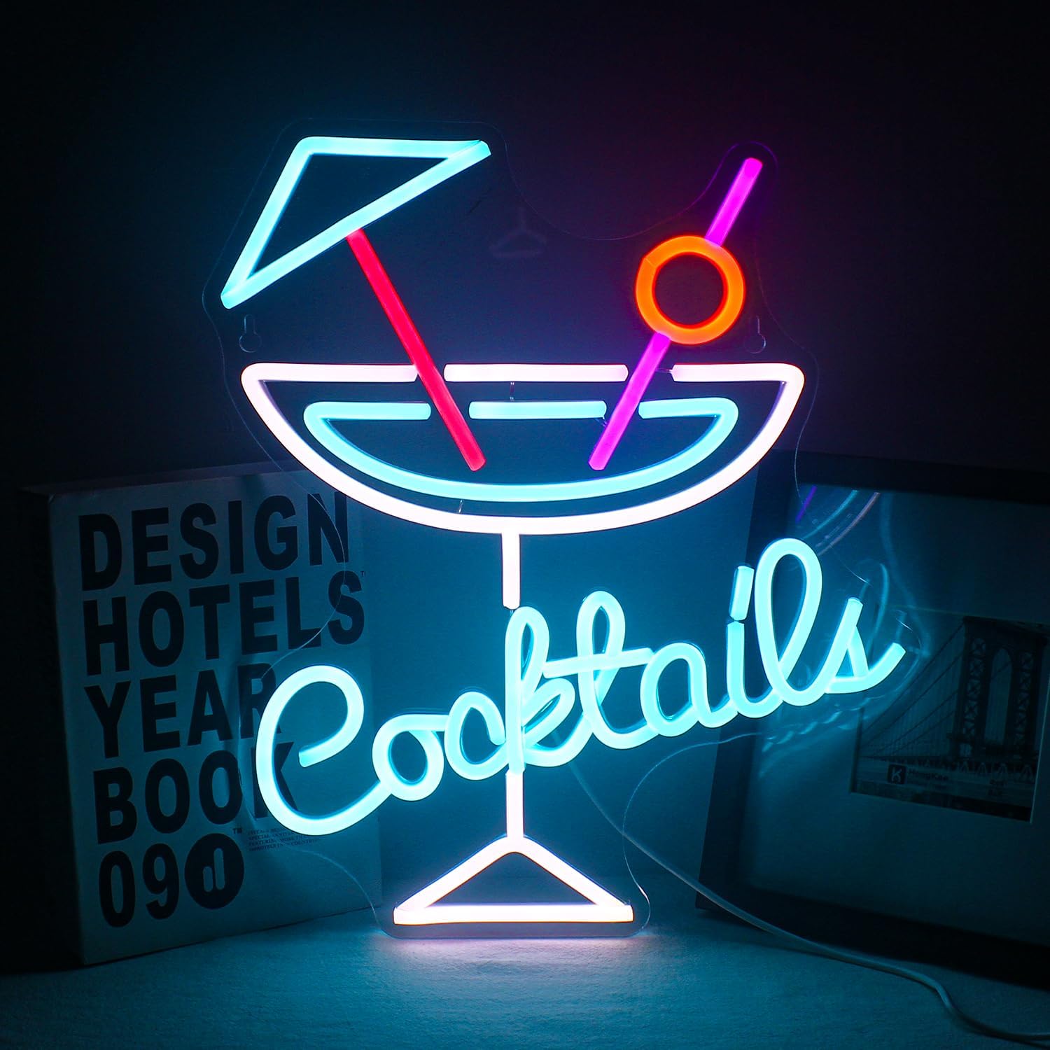 Wanxing Cocktails Neon Sign, Led Neon Bar Sign Dimmable Cocktail Glass Neon Light Sign For Wall, Blue White Neon Light for Pub Home Beer Bar Club Man Cave Restaurant Shop Sign Decor