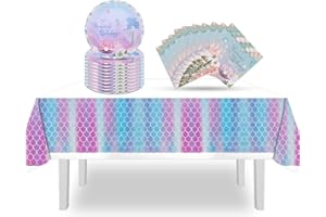 FALAFOTY Muschel Meerjungfrau Pappteller Servietten Tischdecke Set 37Pcs Geburtstag Party Pappteller Tischdecke Geschirr, Einwegteller Geburtstag Party Teller Tischdecke und Servietten für Baby-Dusche