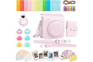 HIYQIN 8 en 1 Housse et Accessoires Compatibles avec Fujifilm Instax Mini 12, Polaroid Instax Mini 12 Album Photo/Cadres/Autocollants/Filtre d'objectif/Miroir Selfie - Rose