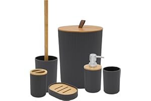Anika Bathroom Accessory Set/Modern Bathroom Essentials Set/Includes Toothbrush Holder, Waste Bin, Toilet Brush, Cup, Soap Dish and Soap Dispenser (Grey)