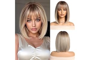 OUFEI Perruque Blonde Ombrée avec Franges Perruque Courte Et Droite pour Femmes Perruques En Cheveux Synthétiques pour Le Quotidien La Fête Et Le Cosplay