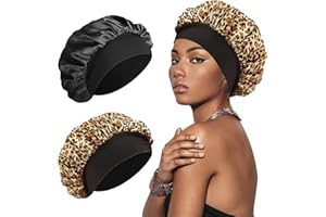 SWEET VIEW Bonnet de Soie pour Dormir, Satin Doux et Confortable, Noir, Imprimé Léopard
