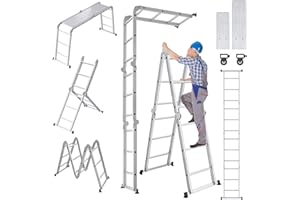 UISEBRT - Scala multiuso pieghevole 4 x 3 in alluminio con piattaforma, 6 in 1, 340 cm, fino a 150 kg, colore: argento