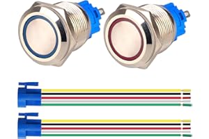 GUUZI 2pcs Momentary Push Button Switch 1NO1NC Waterproof Stainless Steel Shell 220V-230V/5A LED Ring Illuminated Switch with Wire Socket Plug Suitable for 19mm Mounting Hole(Blue+Red)