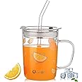 KELVEE Cartoon Printed Design Glass Drinking Mug with Handle and Clear Lid with Scale Straw for Coffee,Juice,Milk and Multiple Usage Sipper 400 ml (1)