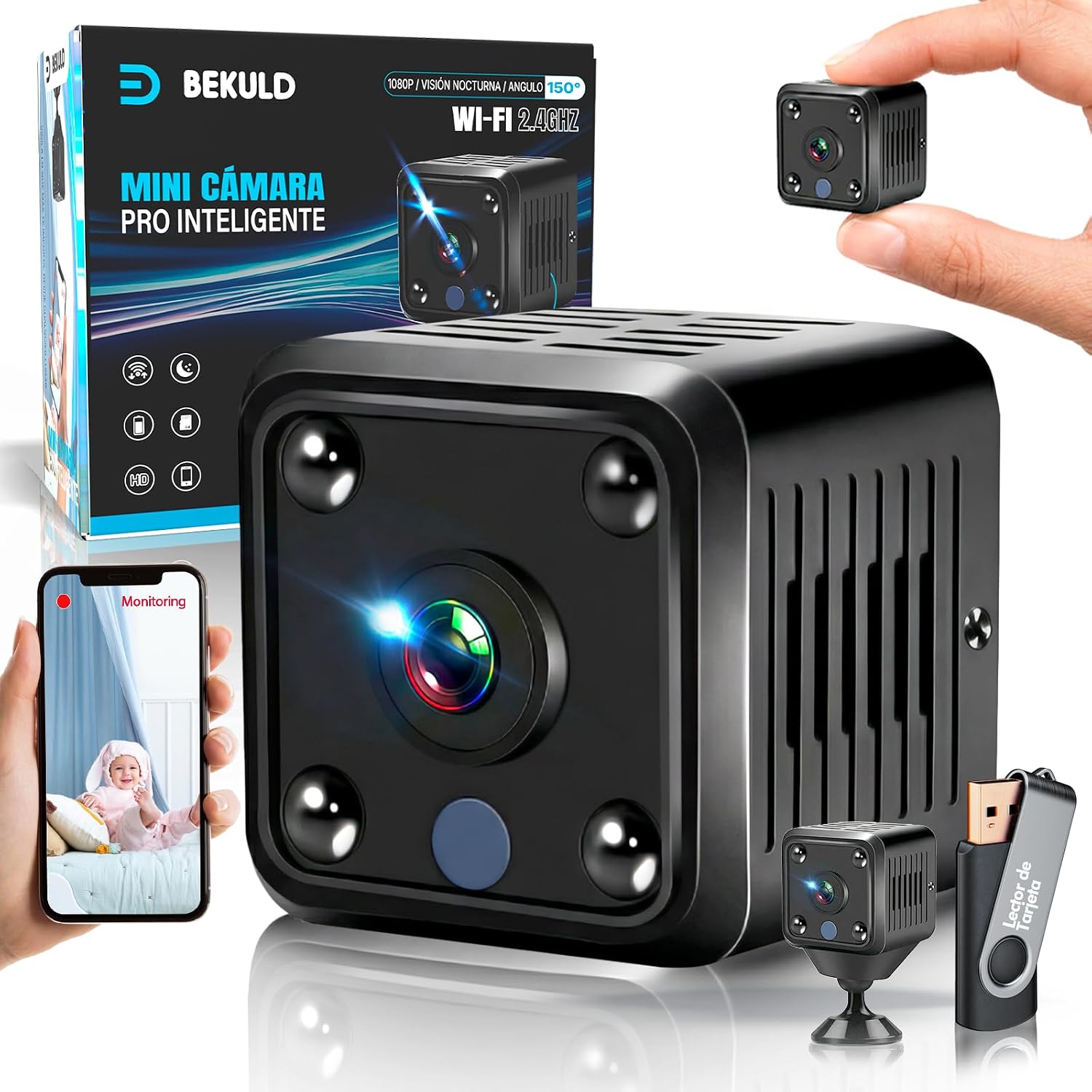 Bekuld Super Pack De Mini Camara Espia 2K + Soporte + Lector de Tarjetas | Camaras Espias Camufladas con Vision Nocturna y Detección de Movimiento 2.4GHz | Camara Oculta App (iOS/Android)