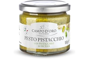CAMPO D'ORO | PESTO DI PISTACCHIO 180 GR | Specialità siciliane per ricette, sugo pronto siciliano prodotto con Pistacchi Siciliani tritati con un pizzico di sale e olio. 100% Made in Italy