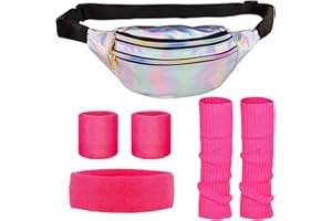 WILDPARTY 80er Jahre Kleidung Damen Sportlicher Stil Set, Silberne Bauchtasche, Rosa Beinwärmer, Rosa Armbänder, Neonrosa Stirnband, 80er Jahre Outfit Party Kostüm Accessoires Neon Erwachsener