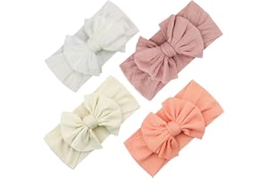 EUDUQ 4 Pezzi Fasce Bambina Neonata,Fascia Neonato in Cotone,Elastica Fascette Per Capelli Per Fiocchi,Fascia Per Turbante,Accessori per Bambina Neonata 0-3 Anni(Rosa/Bianco/Beige/Pesca)