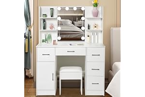 Dradaomull Tavolo da toeletta con illuminazione a LED, tavolo da toeletta con specchio per trucco, 3 colori con luminosità regolabile, 6 cassetti, tavolo cosmetico con ripiani regolabili, manico nero