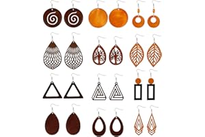 XiYee 12 Paare Holz Ohrringe für Damen - Ethnische Afrikanische Hänger Baumelnde Ohrringe Mit 316L Edelstahl Haken - Böhmen Vintage Schmuck