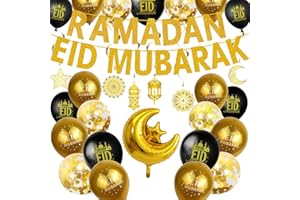 YNOUU Eid Mubarak Decorations Ramadan Celebration Decorations Eid Mubarak Hanging Swirls 2 in 1 Ramadan Mubarak Banner Latex Balloons for Home