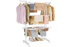 ‎SONGMICS SONGMICS Wäscheständer, Standtrockner 4 Ebenen, Flügelwäscheständer, klappbare Flügel, mit Rollen, 63,5 x 128 x 173 cm, groß, einfacher Aufbau, wolkenweiß LLR701W03