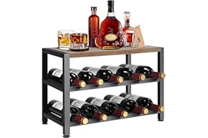 SMFANLIN Wine Rack Countertop, 2 Tier 10 Bottles Wood Wine Racks Cabinet Free Standing with Tabletop, Metal Wine Holder Wine Storage Display Shelf ffor Kitchen Pantry Cabinet Bar
