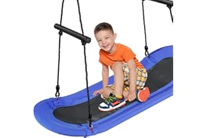 COSTWAY Kids Nest Swing, Hanging Platform Boat Surfing Tree Swings with Handles and Soft Padded Edge, Square Swing Seat for Garden Playground (Navy Blue)