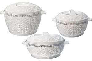 NOBEL Rishabh Insulated Hot pot Casserole Hot & Cool Food Serving Dish with Lid, Double Wall. Stainless Steel Inside Set of 3 (Size 1500,2000, & 2500ml) (White)