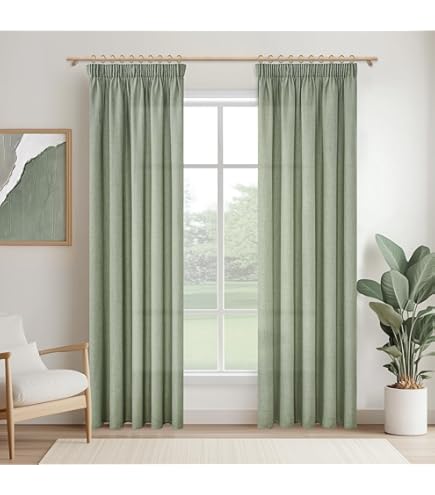 MIULEE Gordijnen met ingestanste ringen, voile gordijn, kort, modern linnenlook, half-transparant, gordijn met ogen voor woonkamer, kinderkamer, ruimteverdeler, set van 2, donkergroen, 215 x 140 cm