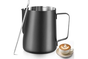 Showvigor Barista Milk Steaming Pitcher - 12oz (350ml) Stainless Steel Milk Frother Jug for Latte Art, Includes Decorating Pen, Ideal for Cappuccino, Coffee & Milk Frothing(Black)
