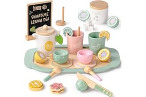 Atoylink Wooden Lemon Tea Set for Toddlers Play Kitchen Toy Kitchen Accessories with Blackboard Pretend Lemonade Kids Tea Sets Afternoon Tea Party Toys Gifts for Kids Children Girls 3 4 5 6 Year