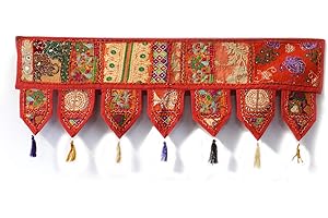 INDIAN CRAFT CASTLE Indian Handmade Traditional Embroidered Toran Cotton Thoranam Door Living Room Decor Bandanwar Home Valance Decorations Window Hanging Bohemian Wall Ethnic Decorative Vintage (Orange 1 Meter)