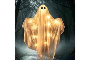 Hängande spöke med läskig blå LED-ljus-hängande dekoration (varm färg) | Halloween 119 cm vit hängande spöke med läskigt blått LED-ljus, för uteplats, gräsmatta, trädgård, festdekoration