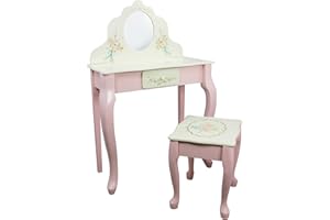 Fantasy Fields by Teamson Kids Pretend Play Kids Vanity Table and Chair Stool Set with Mirror, Girls Makeup Dressing Table with Drawer