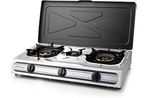 Orbegozo FO 3500 - Hornillo a gas de acero inoxidable, gas butano o propano, encendido piezoeléctrico, dos quemadores de triple corona y un quemador pequeño, uso exterior