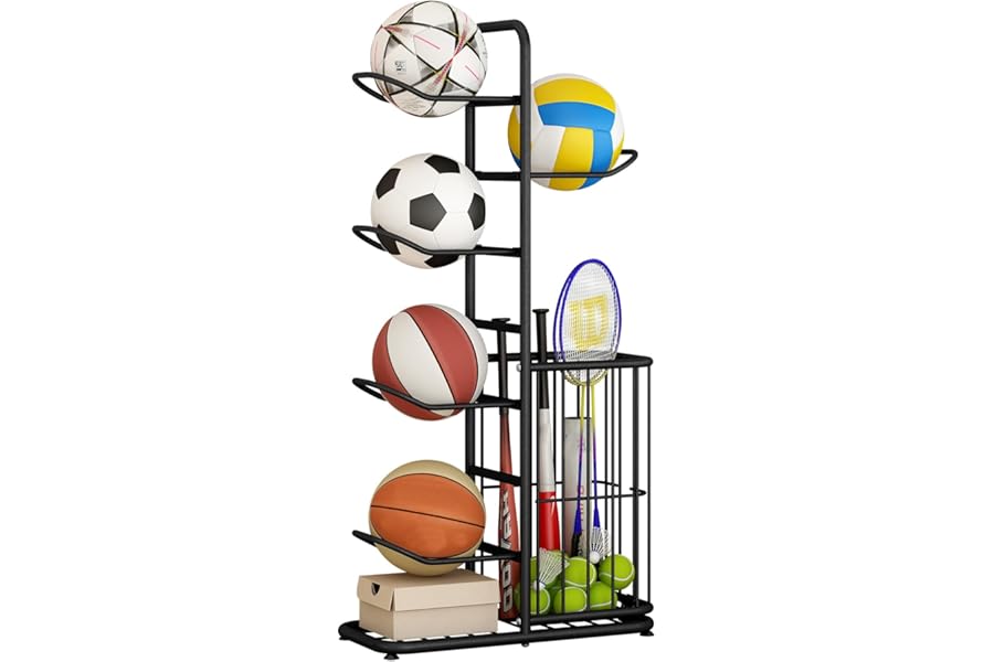 Ball Storage Rack, Football Stand, Sports Equipment Storage For Garage, Basketball Organizer Rack With Basket, Toy/Sports Gear Storage Indoor