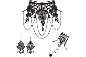 LOLIAS 4 st svart spetshalsband med armband, örhängen, gotisk vintagedräkt för kvinnor, halloween, vampyr, ånga, punk, fest, bröllop, mascara, kostym, smycken, Moyen, Akryl Pärla, Pärla