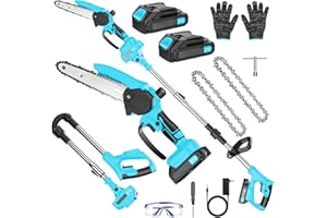 HIGHLANDHUE Mini Chainsaw Cordless with Foldable Pole Saw,6 Inch Electric Chain Saw with 2 Batteries & 2 Chains,Telescopic Motor Head 180° Swiveling Tree Saw for Tree Trimming,Garden,Wood Cutting (Blue)