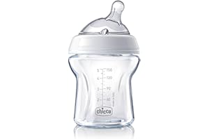 Chicco NaturalFeeling Biberón de Cristal Anticólicos 0 Meses, 150 ml, con Tetina Inclinada de Silicona Suave y Doble Válvula Anti Cólicos, Alimentación Natural y Lactancia Mixta - Vídrio
