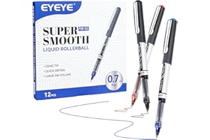 EYEYE Bolígrafos de tinta líquida, Paquete de 12 bolígrafos, Punta de Aguja Fina de 0.7 mm, 3 Colores, 5 Azul,2 Rojo,5 Negro, Secado Rápido, Oficina y Escuela