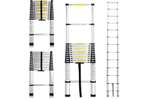 BOWOSE 3.8M 12.5 Feet Telescopic Ladder Steps Multi-Purpose Aluminium DIY Extendable 13 Steps 150KG Loading Capacity EN131 Certificate Kit For Home Loft Office UK Stock