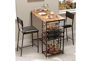 HAPIHOM 3 Piece Breakfast Bar Table Set, Bar Table Set with Wine Racks, 2 Open Storage Shelves, and PU Leather Stools with Footrest, Space Saving Industrial Style Steel Frame for Kitchen Dining Room Pub-brown