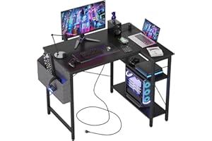 BEXEVUE L Shaped Gaming Desk with Power Outlets, 100x70 cm Computer Desk with Storage Bag, Office Desk Small Writing Table with Large Reversible Storage Shelves, Workstation Study Home Office, Black