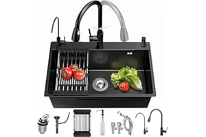 KROSCRO Fregadero de cocina de acero inoxidable, práctico fregadero negro, con juego de grifo, con lavavajillas de tazas, dispensador de jabón y desagüe (50 x 45 cm)