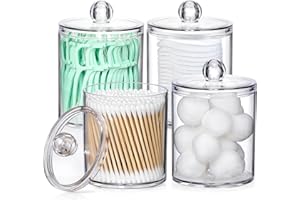 AOZITA 4 Pack Acrylic Qtip Holder Dispenser for Cotton Swabs, Balls, Pads, Floss Picks- Small Clear Plastic Canister Apothecary Jar Set, Bathroom Essentials Accessories Decor, Vanity Makeup Storage Organizer