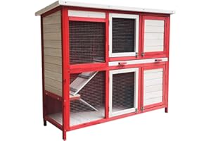 Wiltec Kaninchenstall rot weiß 1175 x 410 x 1000 mm, Hasenstall als Ergänzung für Freilauf, Kaninchenkäfig Hasenkäfig mit 4 Türen und Treppe
